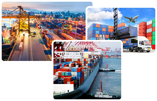 Logistics transportation collage showing shipping port, cargo plane, and container ship